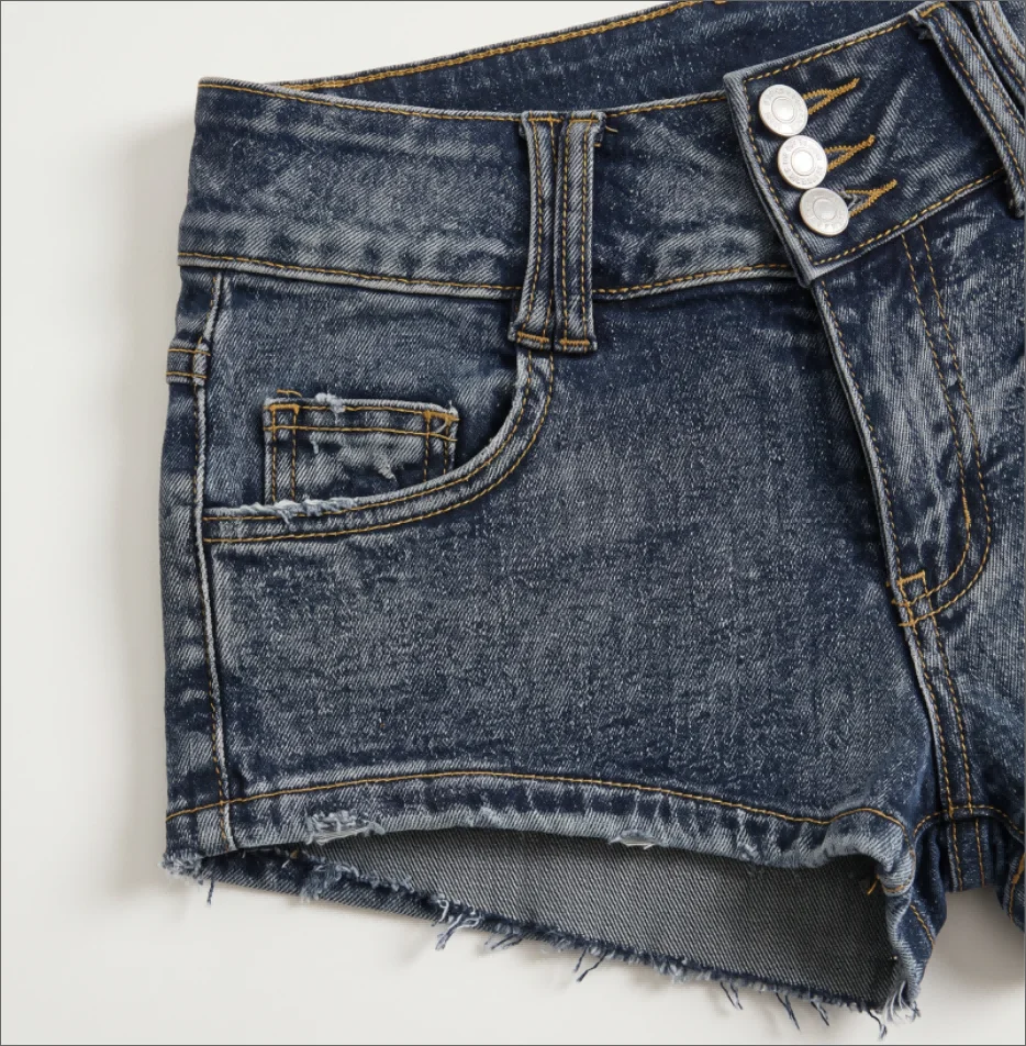 Women 3 Button Fly Retro Washed Denim Shorts Low Waist Slim Fit Ultra Short Hot Pants Wrapped Hip Retro Sexy Cute Mini Shorts