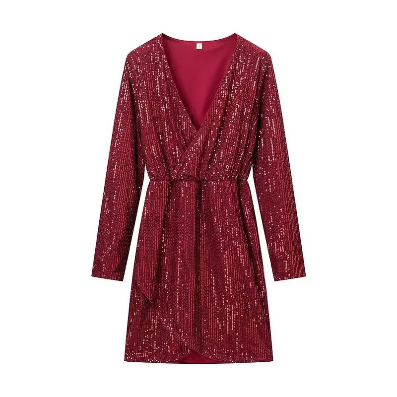 2026 Spring New Elegant Sequined Long Sleeve Dress Women's Sexy Deep V Neck High Waist Slim Fit Party Evening Cocktail Short Min