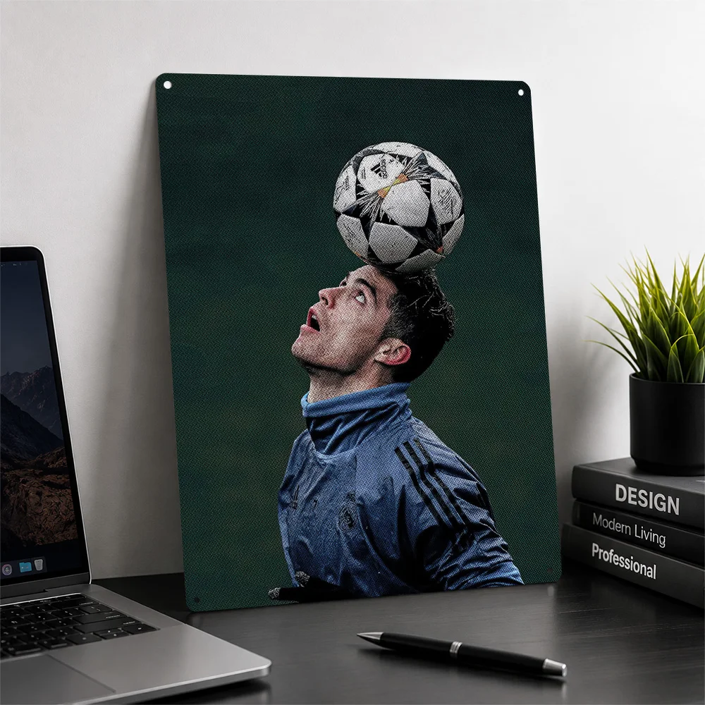 Cristiano Ronaldo Balancing Soccer Ball Poster Retro 3D Printed Metal Signs Customized Wall Hanging Gift for Tin Sign Room Decor