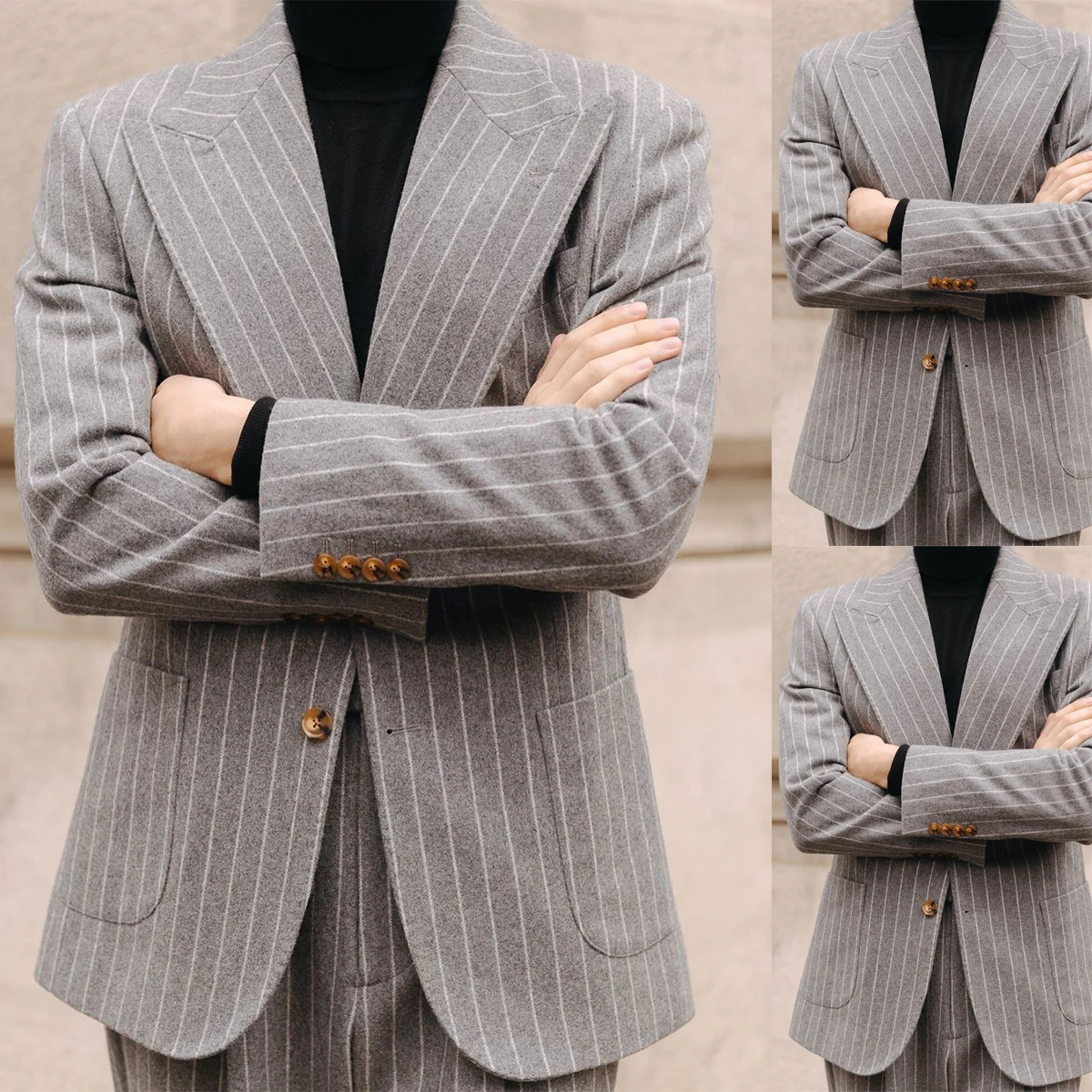 Esmoquin gris claro para hombre, conjunto de chaqueta a rayas de 2 piezas, pantalones, Blazer de negocios con solapa de pico para novio de boda