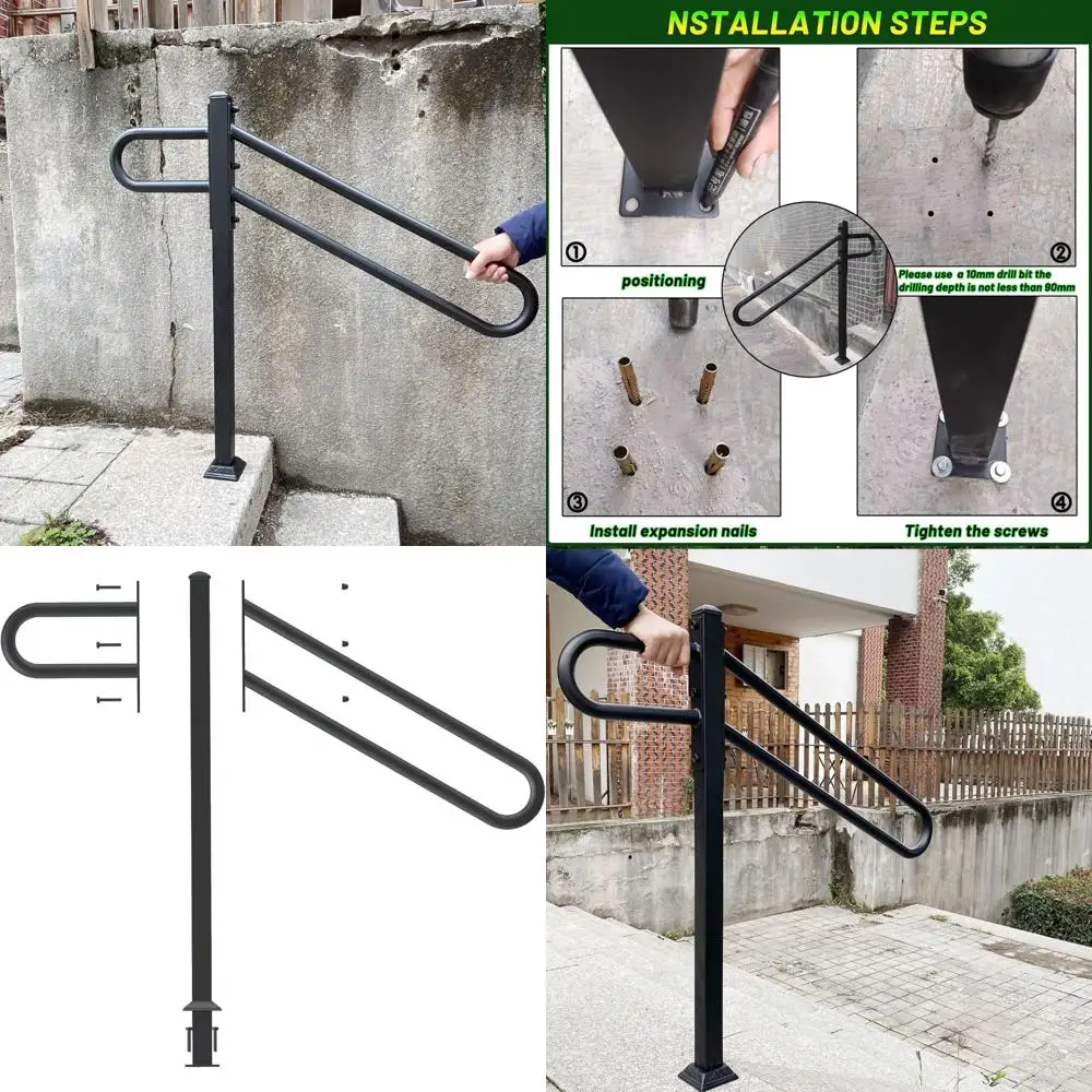 Outdoor Wrought Iron Single Post Handrails for 1-3 Steps, Metal Railing for Steps, Suitable for Small Staircases, Durable Metal