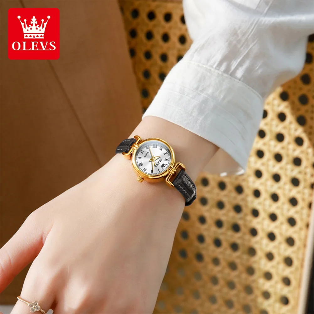 OLEVS 5645 Women's Watch Original Date Quartz Watch For Women Leather Strap Roman Scale Waterproof Elegant Ladies Wristwatch