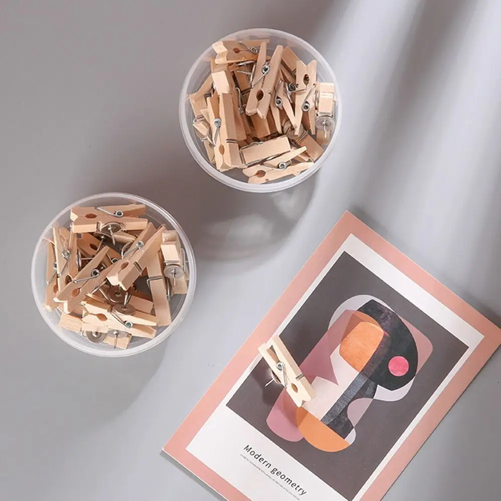 20Pcs/Box Creative Wooden Clip Push Pins DIY Reusable Pushpins with Clips with Box Durable Blackboard Push Pins Wall Markers