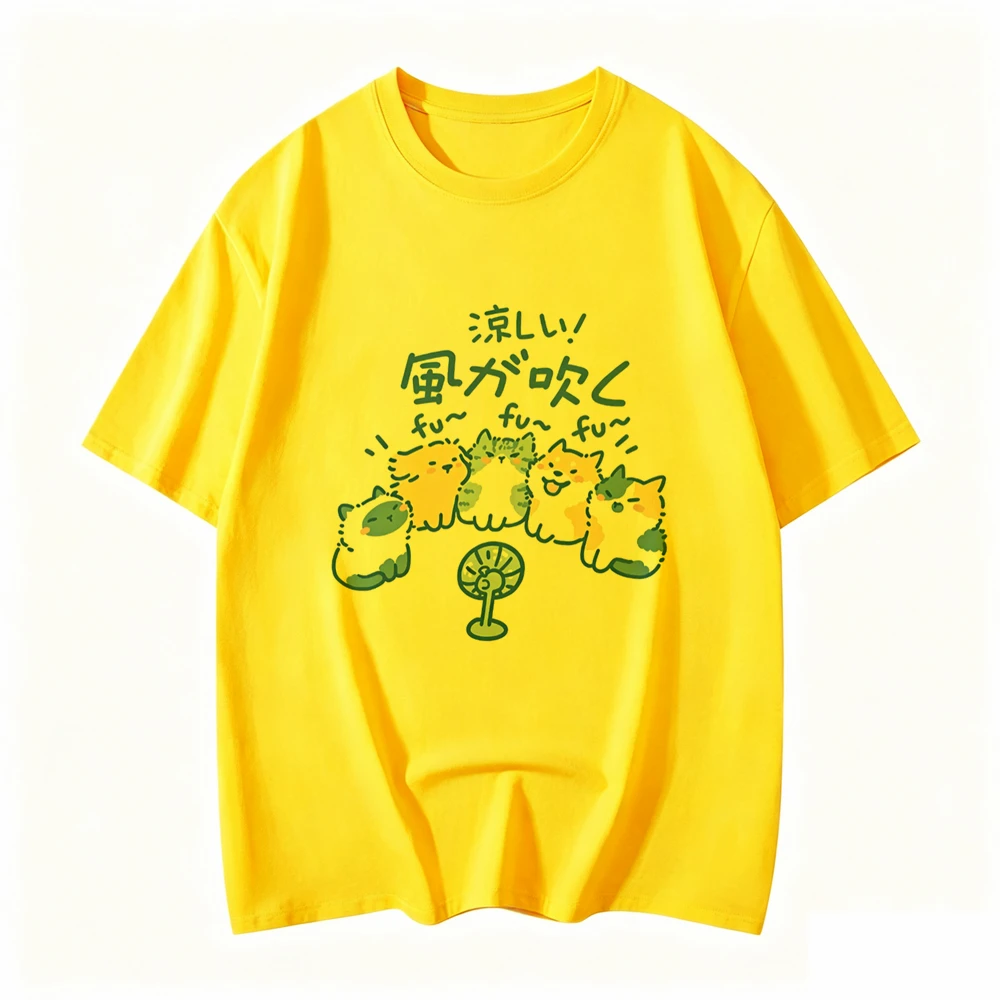 2027 New Women T-shirts Street Creative Blow Fan Cat Printing Tees Summer O-Neck Loose Tops Fashion Casual Female Clothes