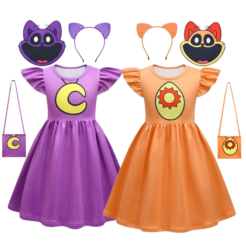 Cosplay de desenhos animados para crianças, Dólares sorridente, Vestido Gato Roxo, Smile Catnap, Baby Girl Sundress Plus Bag