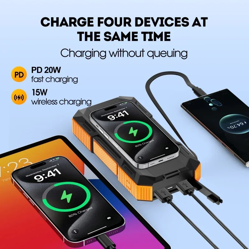 20000mAh Solar Power Bank – Scalable USB Fast Charging, Magnetic Wireless Charger & Portable Battery Pack