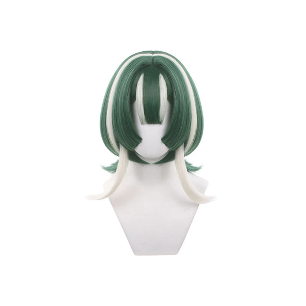 Short Green and White Highlighted Synthetic Cosplay Wig for Anime Characters, Layered Fluffy Style with Natural Curl Ends