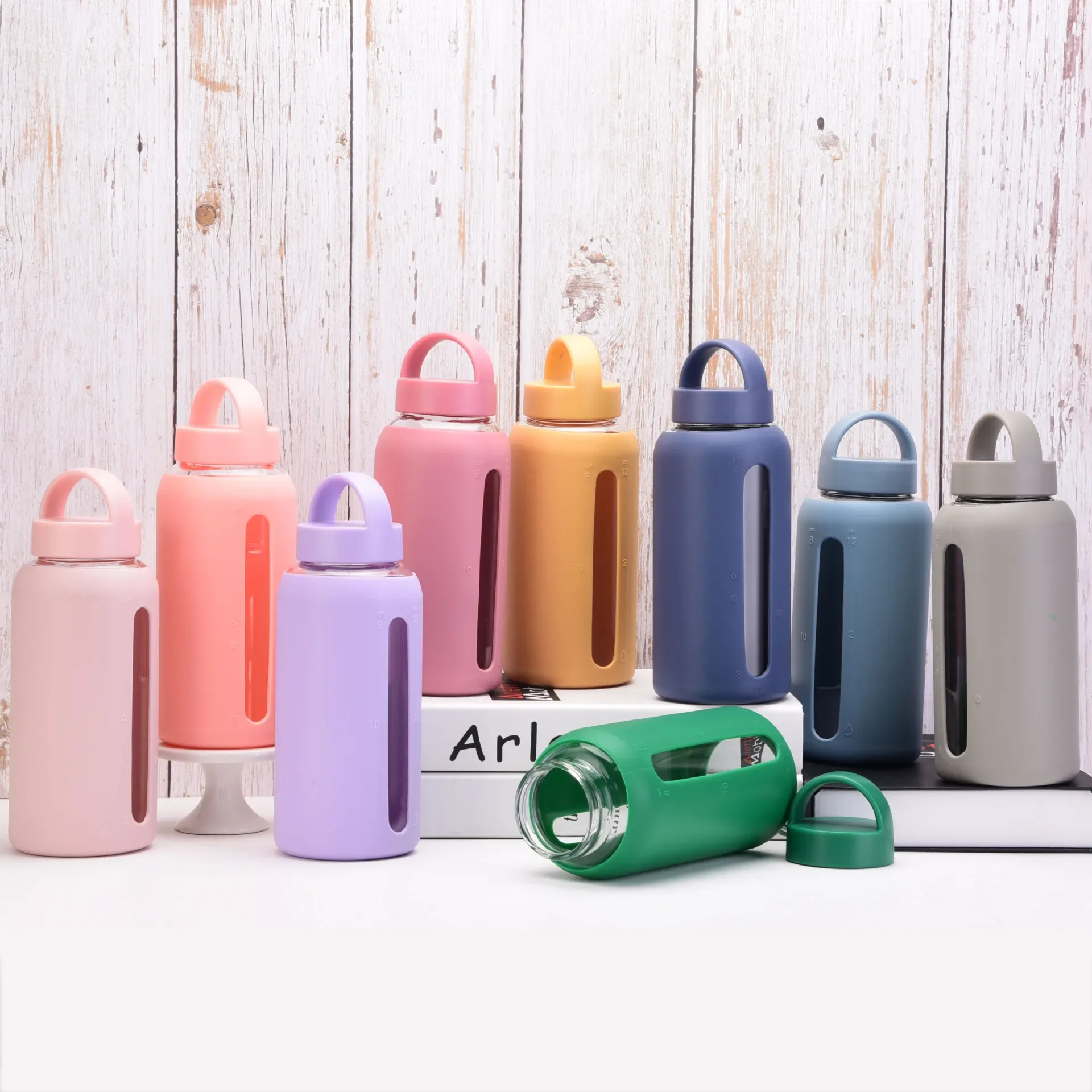 600ml,800ML Single-layer Glass Water Bottle With Silicone Sleeve,Anti-hot Heat Insulation,Scale,Large Capacity,Handy Cup,Mug