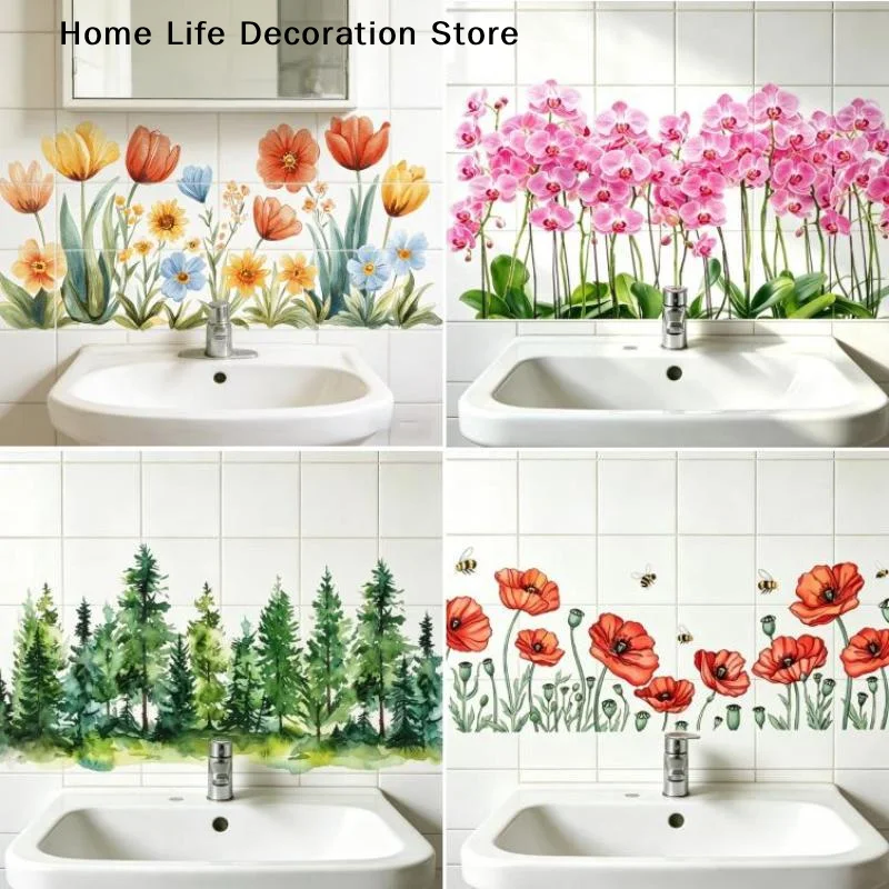 Fresh Floral Pattern Sink Area Background Wall Sticker Bathroom Wall Decoration Self-Adhesive Removable Waterproof Creative Stic