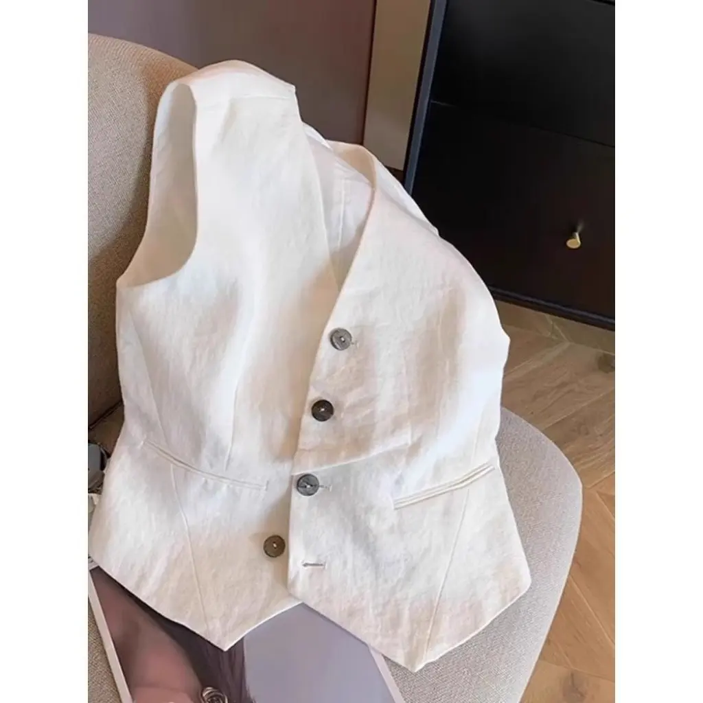 

Korean Style White Simple Fashion V-Neck Suit Vest Women Summer Shoulder Pad Sleeveless Tank Top Upper Apparel