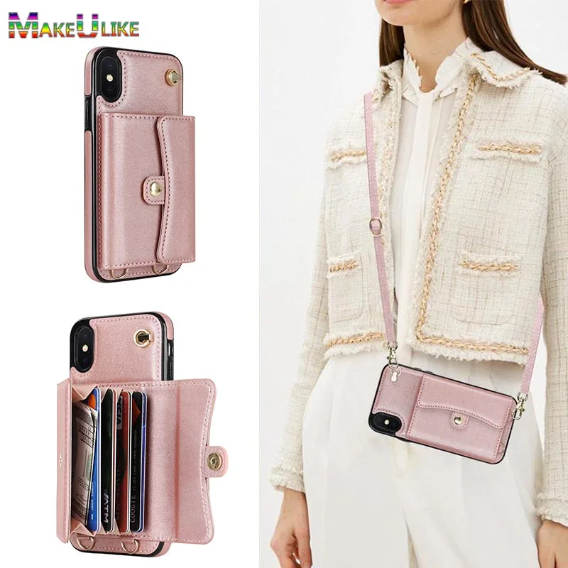 

Lanyard Bags Cases for iPhone X XR XS Max Case Leather Card Slots Strap Case for iPhone 7 8 Plus 12 13 Mini 11 14 Pro Max Cover