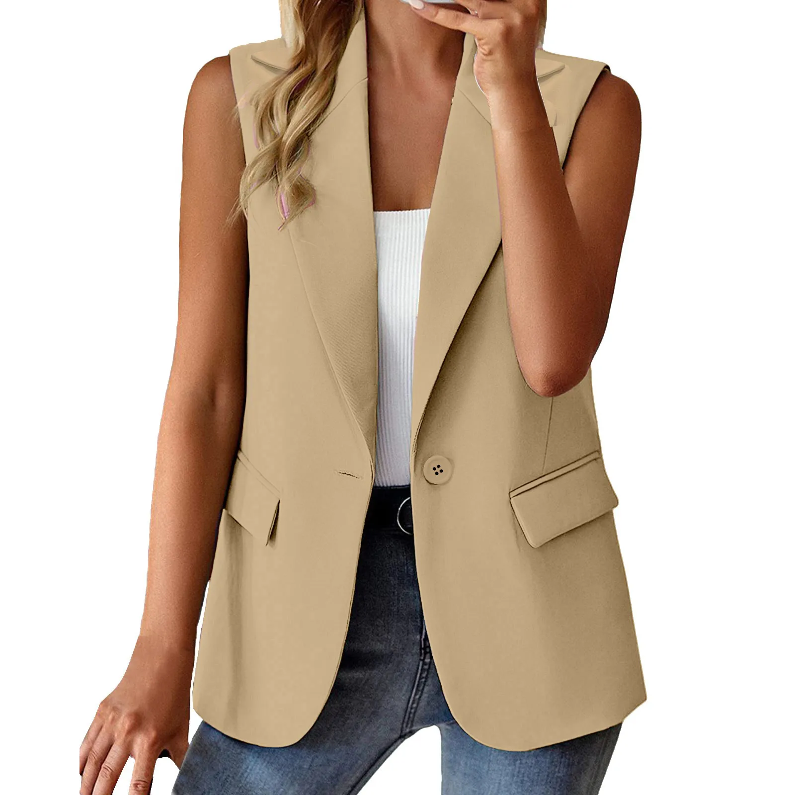 Dames Nieuwe Mouwloze Effen Kleur Vest Jas Revers Losse Mode Jas Lente En Herfst Eenvoudig Comfortabel Dun Pak Jas