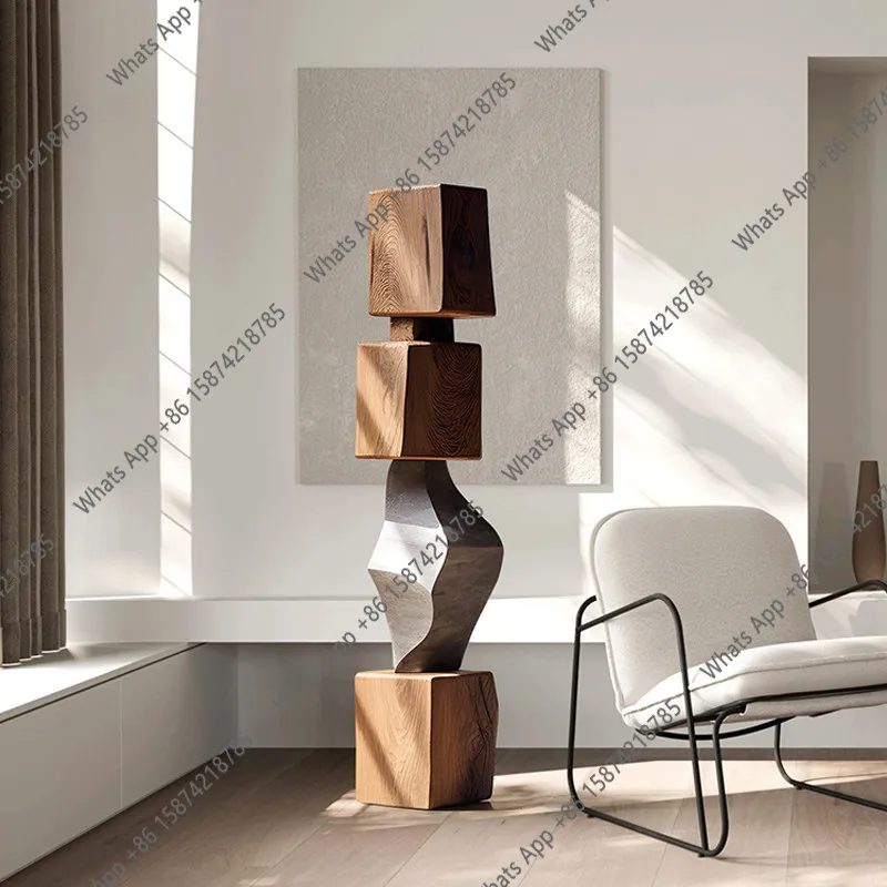 Hotel wood carving decoration floor ornament high-end model room living room abstract vertical sculpture artwork