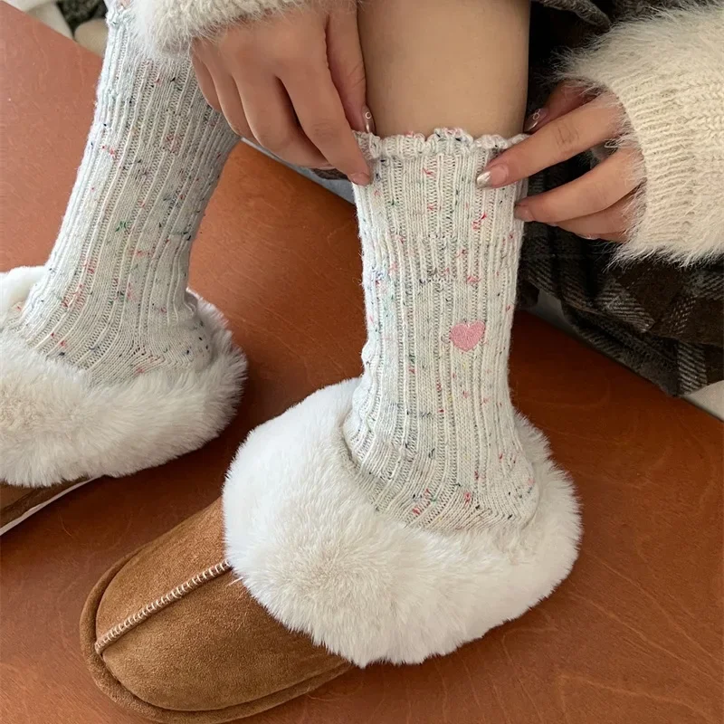 Korean Middle Tube Socks Women Heart Needle Thick Thread Knitted Soft Wool Color Dots Girls Pile Up Socks Women Accessory Gift