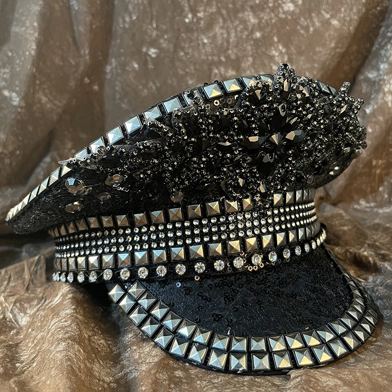 Steampunk Women Military Hat Black Sequin Wedding Bride Bridal Captain Hat Sergeant Hat Luxury Rhinestone Festival Party Hat