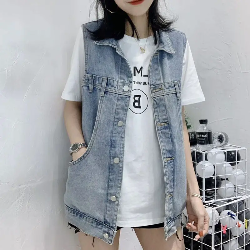 Women‘s Waistcoat Spring and Summer Denim Vest Student Top Korean Version Loose Medium Long Sleeveless Vest Jacket Female