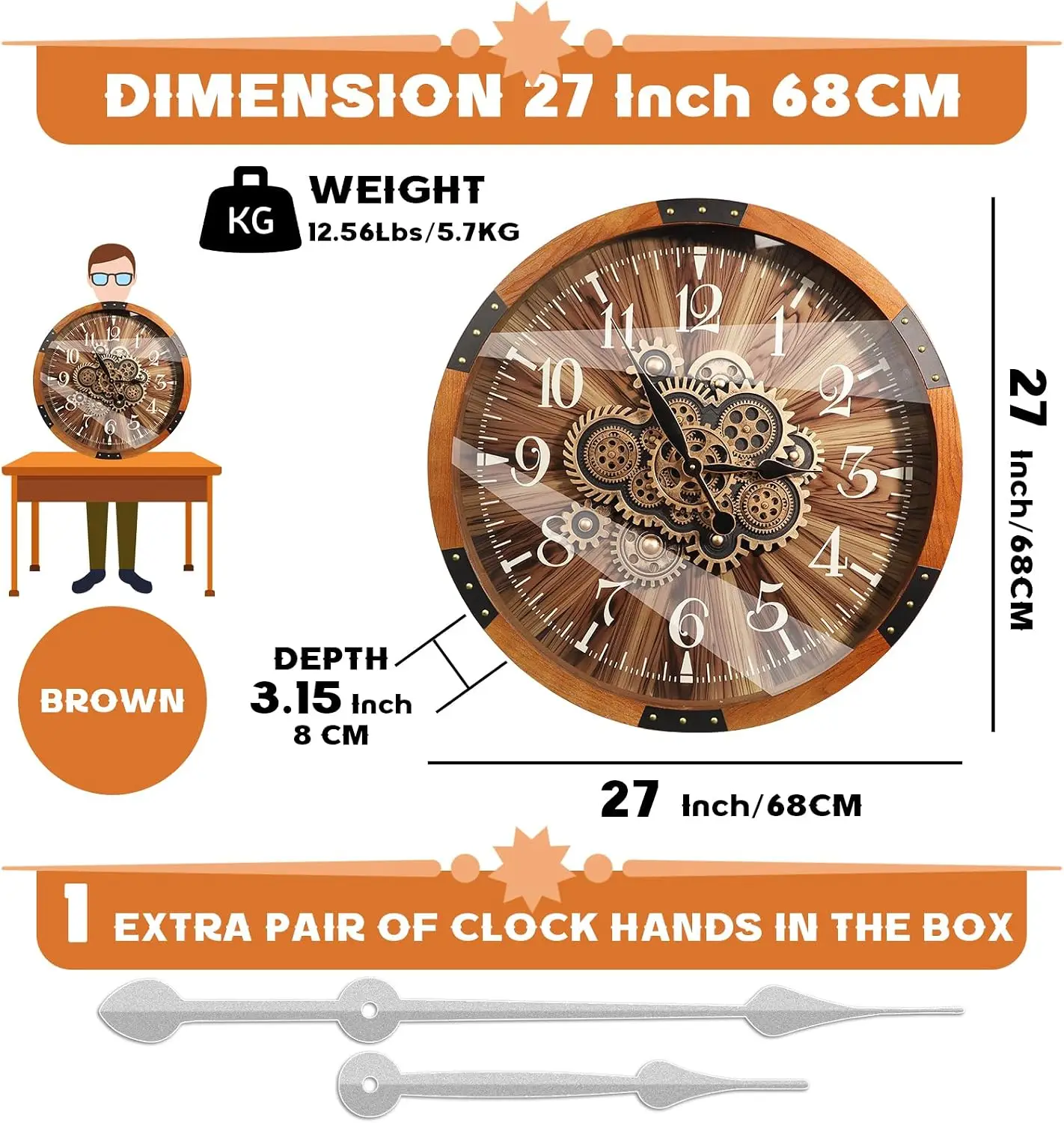 27 inch Large Real Moving Gears Wall Clocks for Living Room Decor