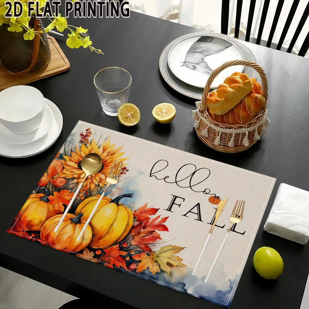 Thanksgiving Hello Fall Print Placemats With Watercolor Sunflower Pumpkin Design  Polyester Table Mats 30x40cm