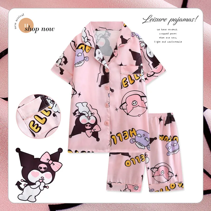 Pijamas Sanrioed Kuromi para niños y niñas, ropa de dormir de manga corta, pantalones cortos, Cinnamoroll, seda de hielo, dibujos animados, para el hogar, Verano