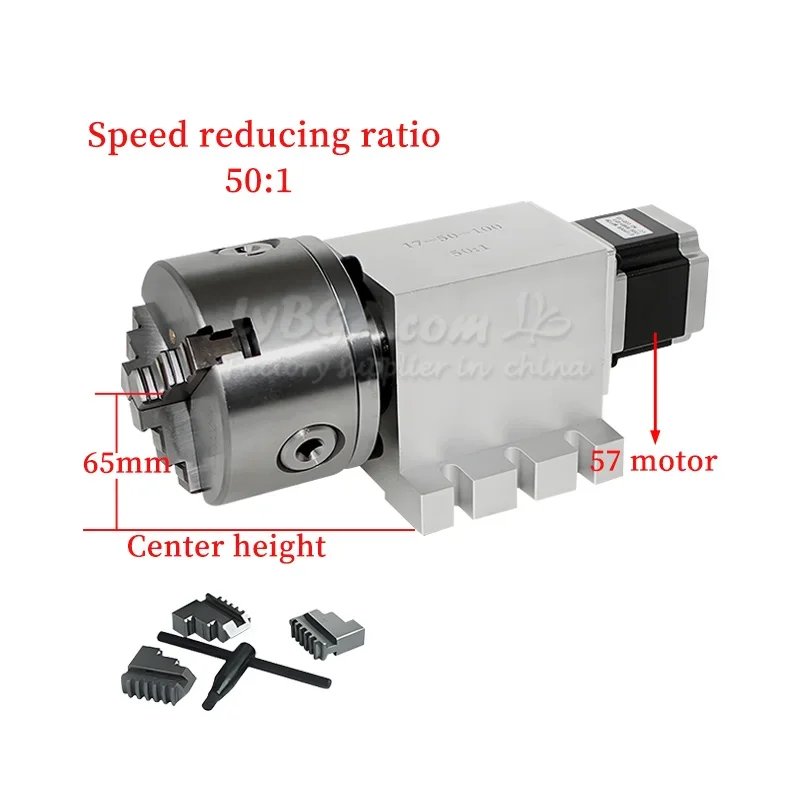 Rotary Axis 4th Axis 3 Jaw 4 Jaw Centering 100mm Chuck 57 Motor Reduction Gearbox 50:1 Center Height 65mm for CNC Router Machine