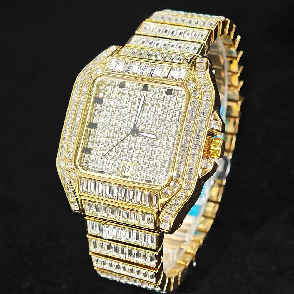 

New High Quality Square Diamond Men Watch Luxury Fashion Hip Hop Style Bling Bling Iced Out Waterproof Stainless Steel Man Clock