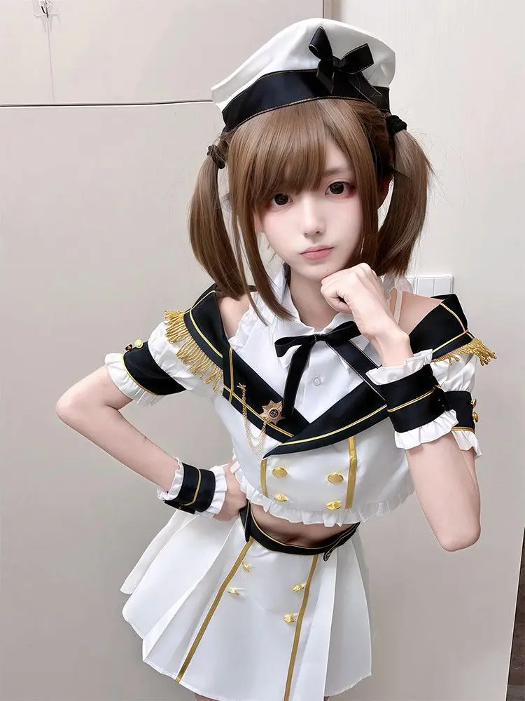 Japanese Sweet Lolita Style 2 Piece Set Women Vintage Off Shoulder Crop Tops Mini Pleated Skirt Sailor Suit Cosplay Jk Uniform