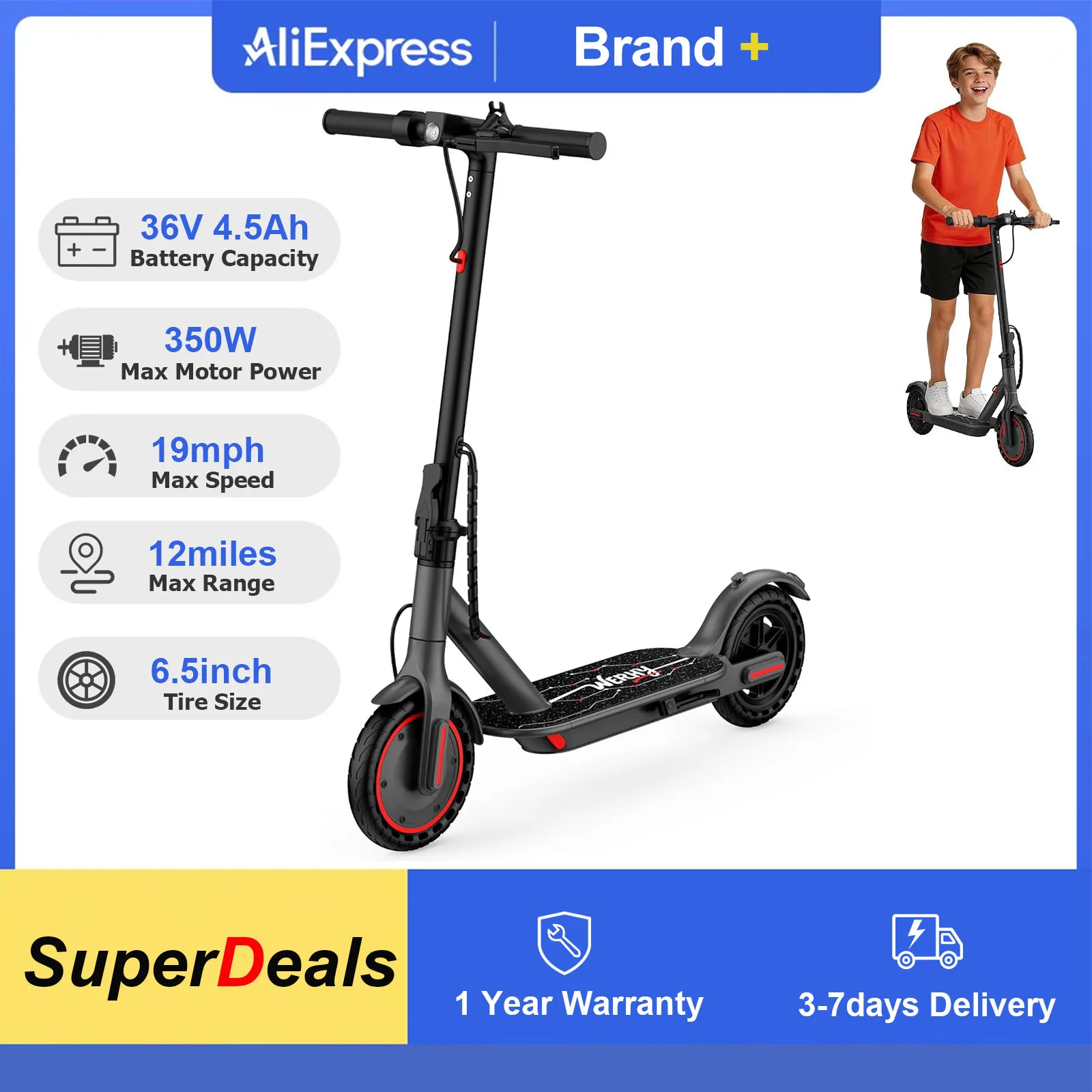 6.5 inch Electric Scooter for Children, 350W Motor, Max 12 Miles Range Lightweight Foldable Scooter with Smart APP Control for Christmas & New Year Gift
