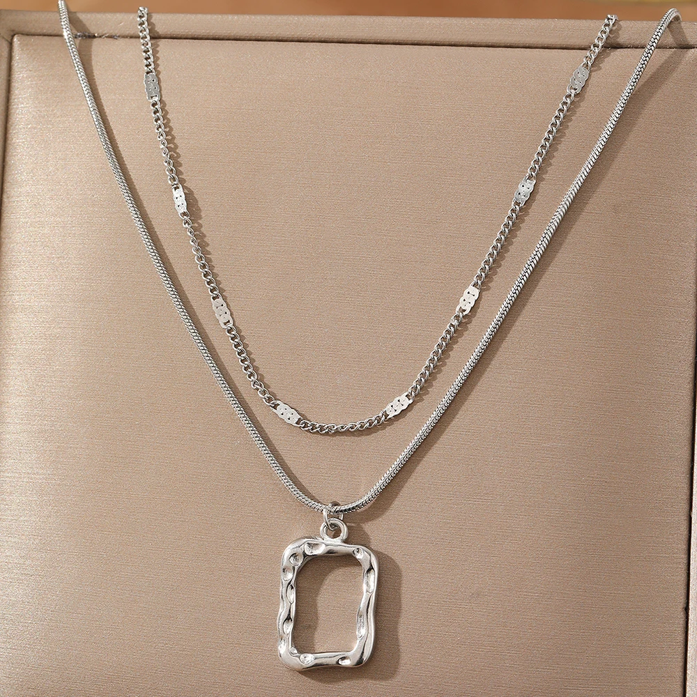 Stainless Steel Necklace Classic Fashion Openwork Square Pendant Layer Chain Necklace For Women Jewelry Party Personalized Gifts