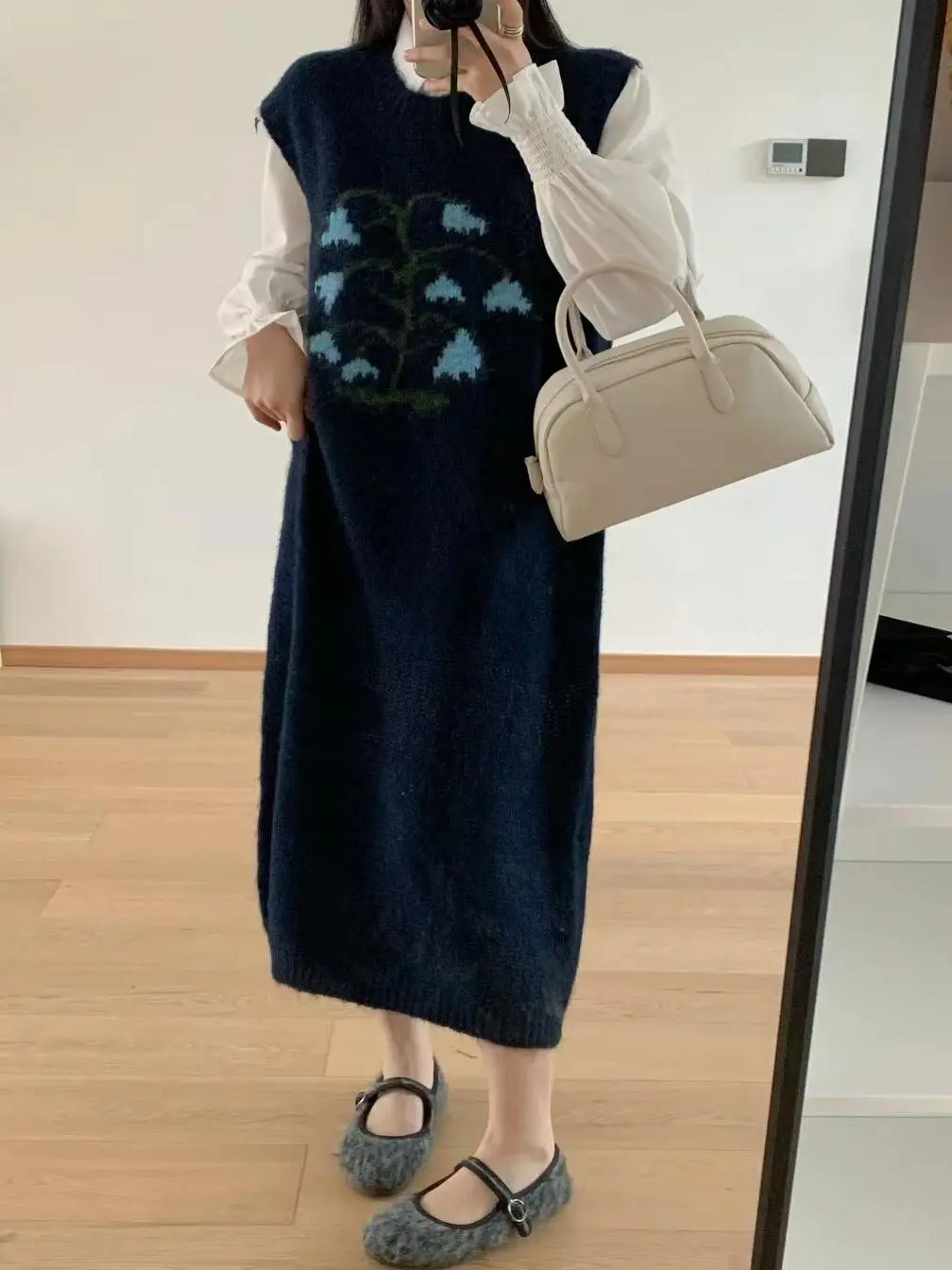 

Knitted Sleeveless Dress For Wedding Womens Winter Frilly Pearl Warm Half-Open Mohair Flounce Spliced Puff Knotting Highstreet