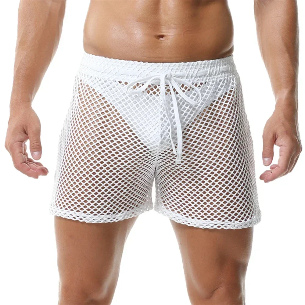 Men\'s Sexy Mesh Hollow Out Casual Shorts Drawstring Fishnet Breathable Soft Male Beach Trunks Bodybuilding Fitness Loose Shorts