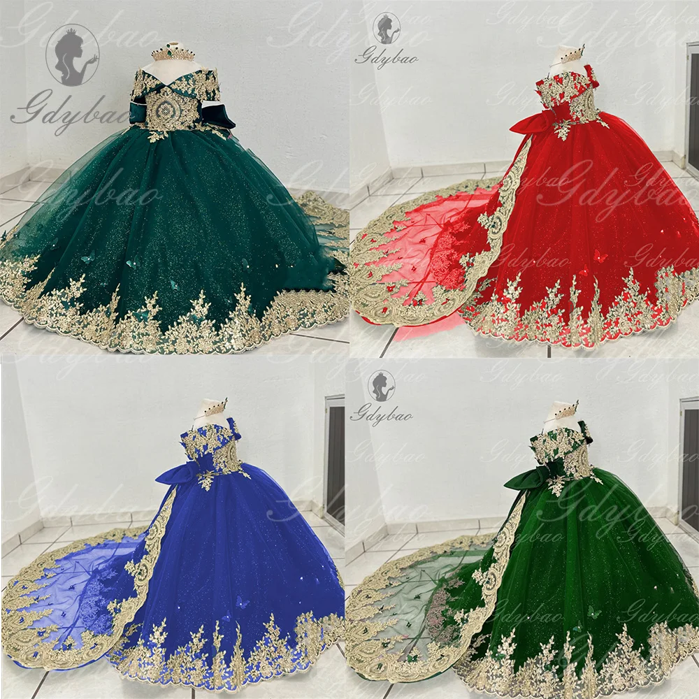 Vestido azul real con bonito lazo y flores para niñas, vestido con hombros descubiertos, apliques dorados, vestidos de fiesta de cumpleaños para niños, vestido elegante para niños