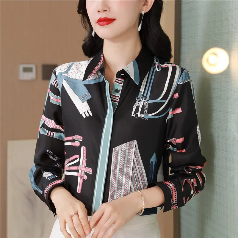 Vintage Damen Blusen Bedruckte Freizeithemden Mode Lose Sommer Koreanische Kleidung Langärmelige Satin Damen Tops