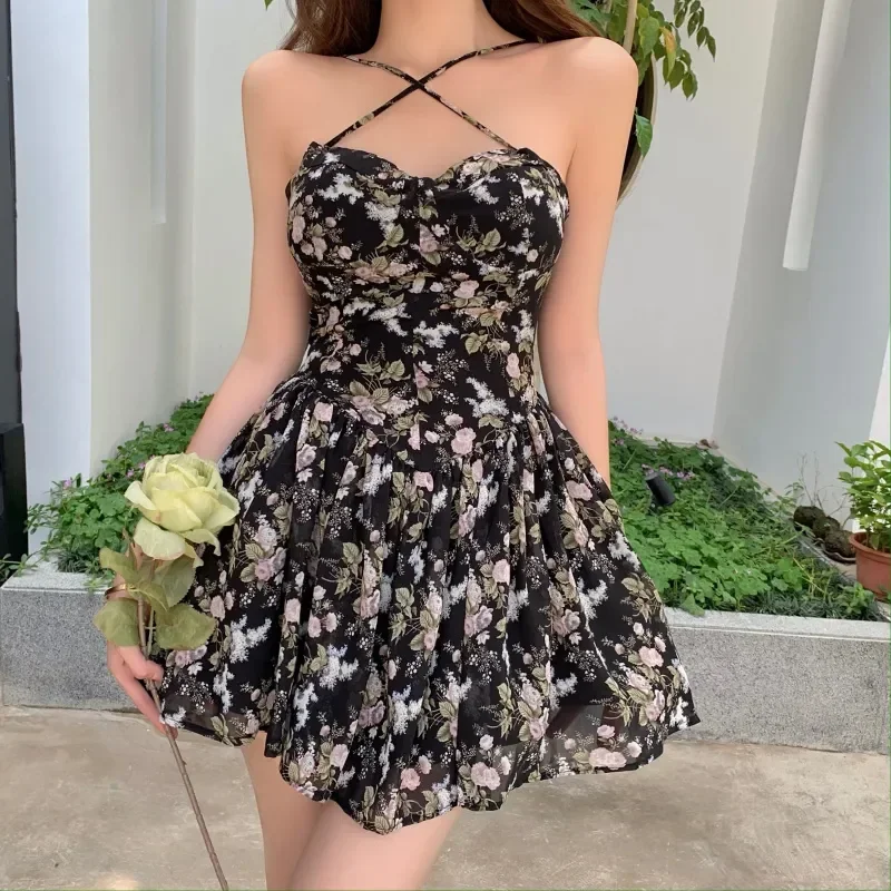 French Floral Sling Dress Women Chic Backless Summer Sexy Mini Dress Beach Spaghetti Strap Dress Sundress 2023 New  Female  Robe