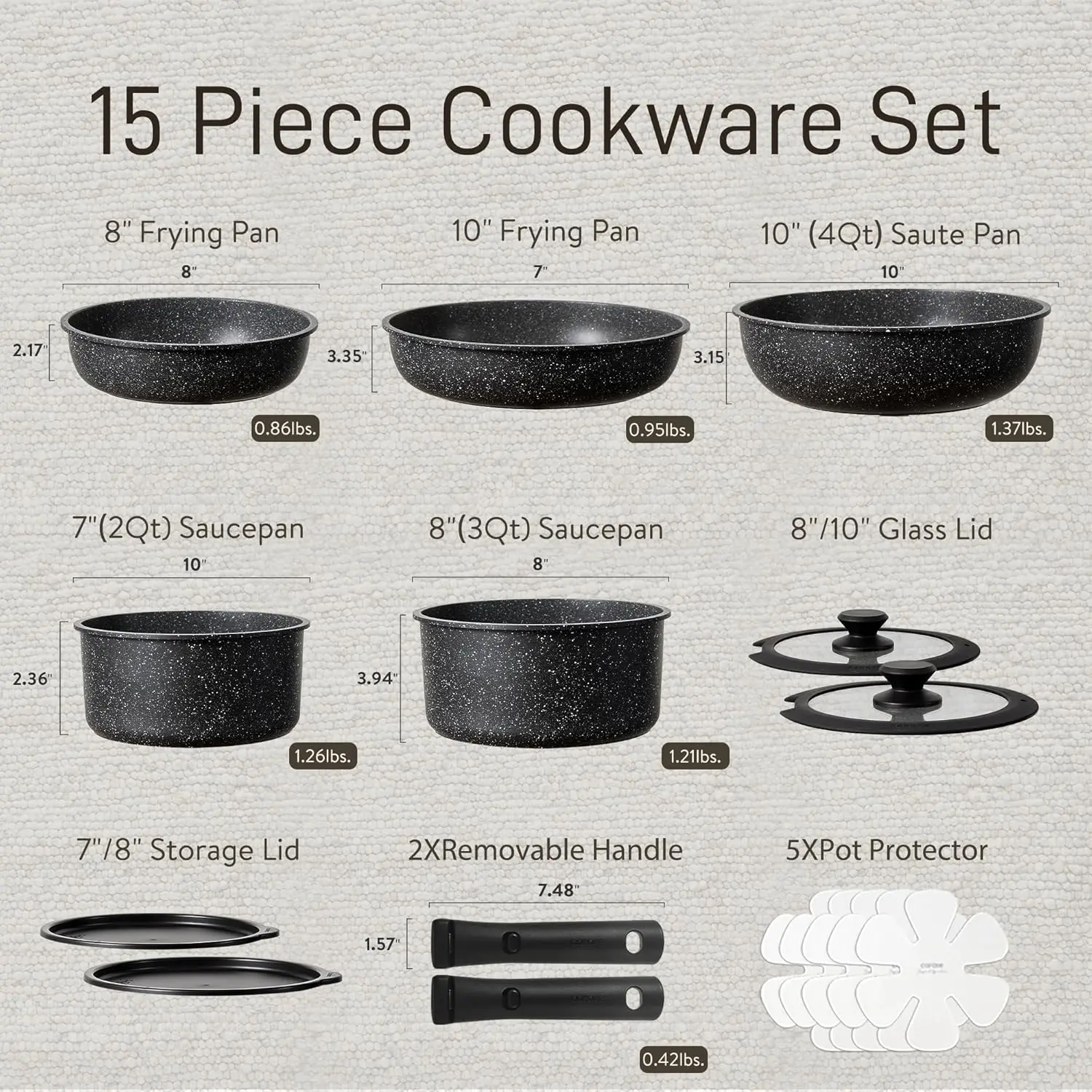 Carote 15Pcs Pots And Pans Set Non Stick, Cookware Sets, Kitchen Set, Oven/Dishwasher/Fridge Safe, Space Saving Pots Set,