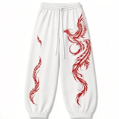 Harajuku Sports Pants with Retro Red Phoenix Pattern Elastic Cuffs, Hip-hop Street Style Drawstring, Loose Casual Pants