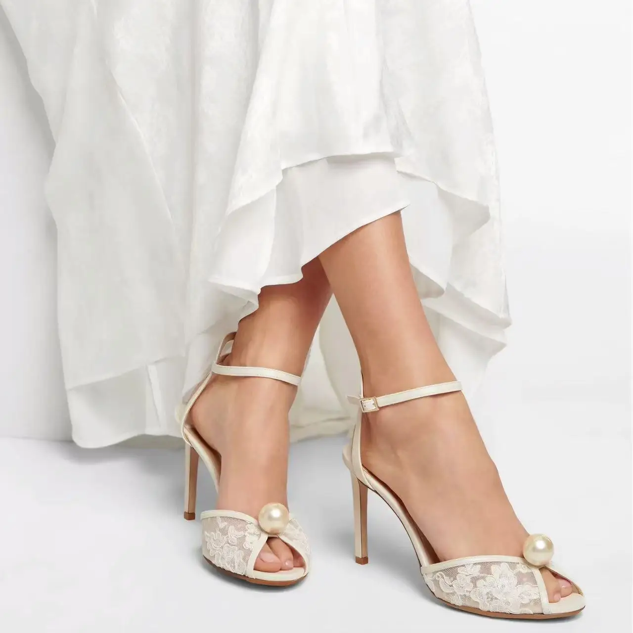 White Lace Pearl Ankle Strap High Heel Sandals Crystal-embellished Open Peep Toe Wedding Dress Women Shoes Pumps Sandalias
