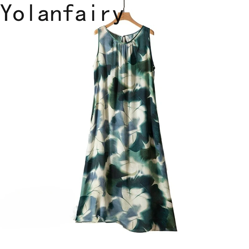 

YOLANFAIRY 100% Real Mulberry Silk Dress Summer 2025 French Elegant O-neck Dresses Sleeveless Loose Long Dresses Vestido Mujer