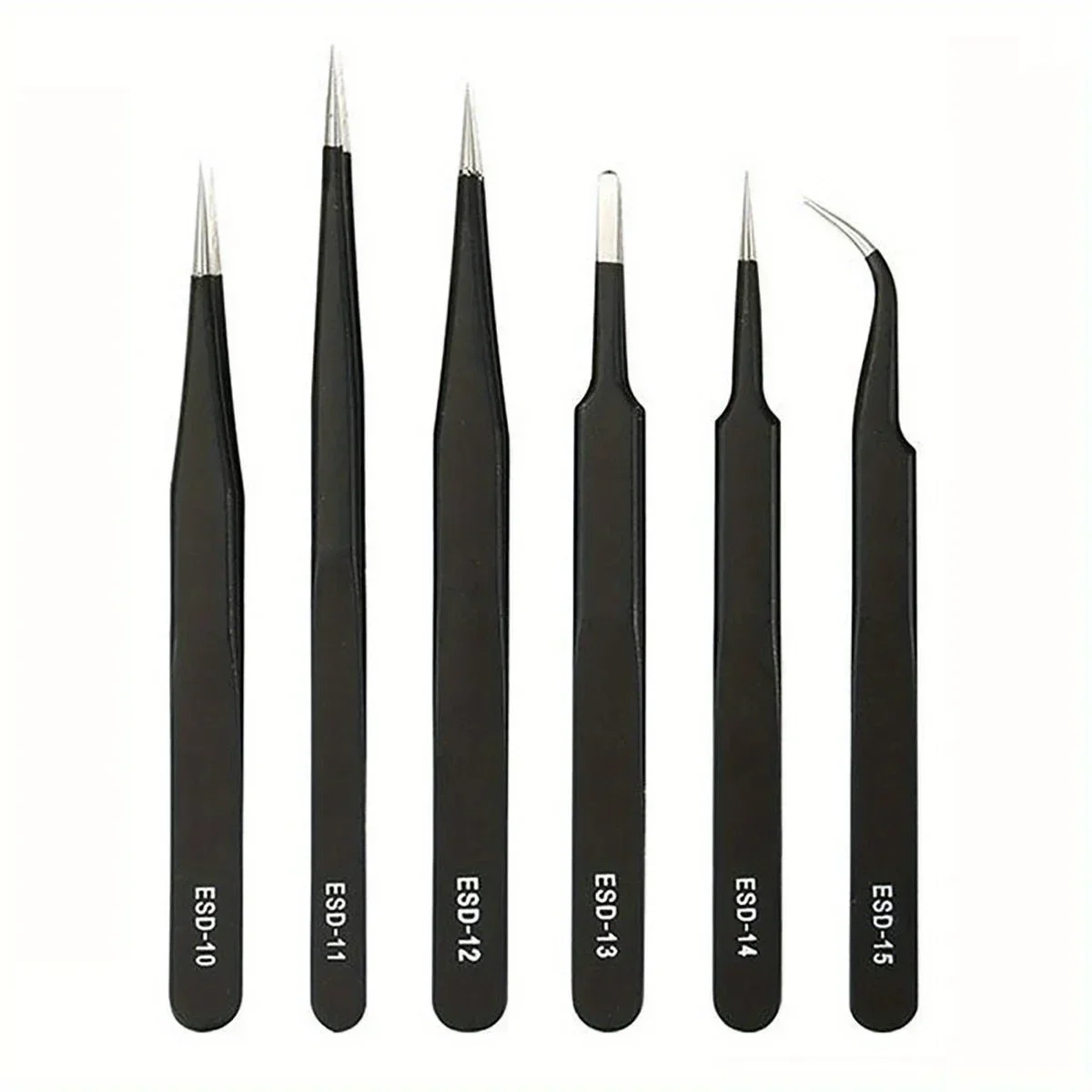 Precision ESD Anti-static Tweezers Set -6-pc Durable Stainless Steel Tool for Electronic Repair and Process Modeling, Bending&St