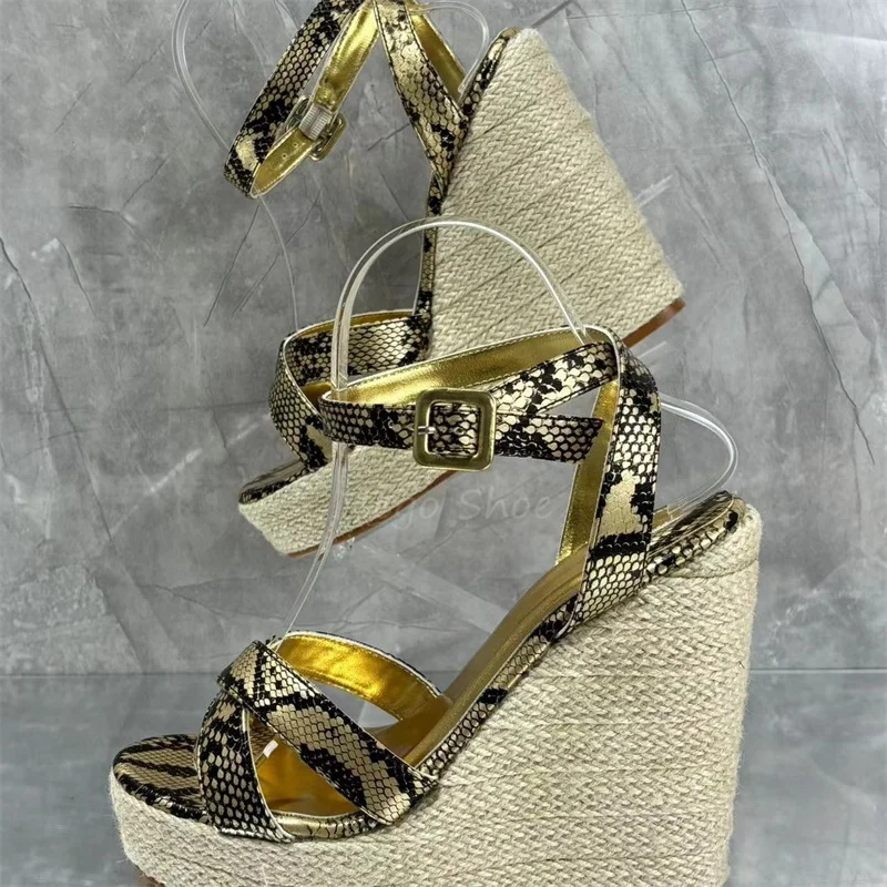 Golden Snake Skin Platform High Heels Sandals Women Wedges Heel Banquet Shoes Handmade High Quality Big Size 42 Brand Design