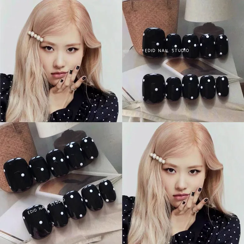 

10PCS Handmade Short Press on Nails Designed Black Polka Dots Cute Acrylic False Nails Artificial Round Head Full Cover Wearable