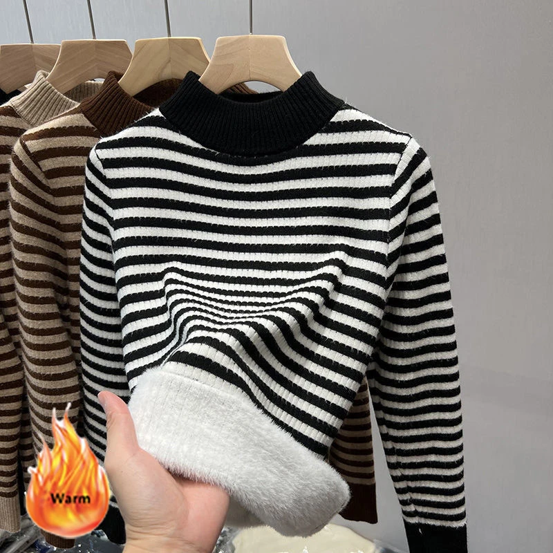 Fleece Lined Stripe Sweater Women Vintage Mock Neck Knitted Bottoming Pullover Autumn Winter Korean Long Sleeve Knitwear Jumper