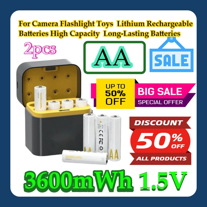 

2pcs For Camera Flashlight Toys AA Lithium Rechargeable Batteries 1.5V High Capacity 3600mWh Long-Lasting Batteries