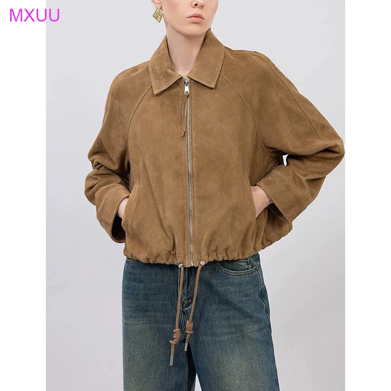 Women's Suede Jacket Spring Autumn Stylish Lapel Drawstring Khaki Kid Suede Loose Casual Short Natural Leather Coat Outerwears