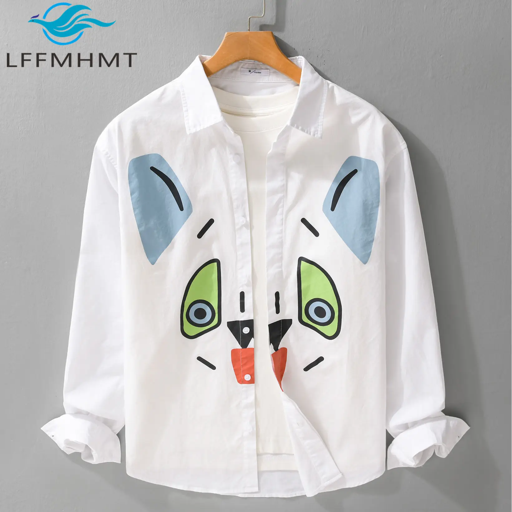 Spring Autumn Fashion Pure Cotton Men's Casual Loose Shirt Creative Artistic Cartoon Print Long-sleeve Top 6238