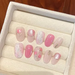 Handmade Press on Nails Shiny Pink Rose Flower False Nail Tips for Women Wearable Detachable Korean Short Round Fake Nails