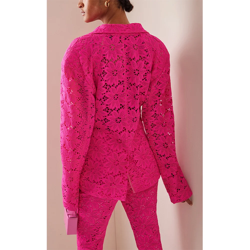 Rose Red Hollow Floral Lace Single Button Fashion Blazer Pencil Pants Casual Women Suit 2 Pcs Coat Trousers Set