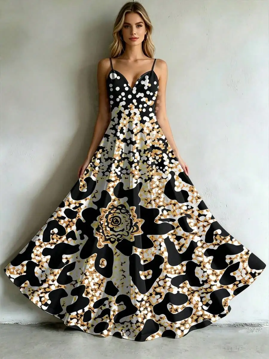 

Elegant Summer Slip Dress Leopard Floral Print A-Line Maxi Dress For Women Parties