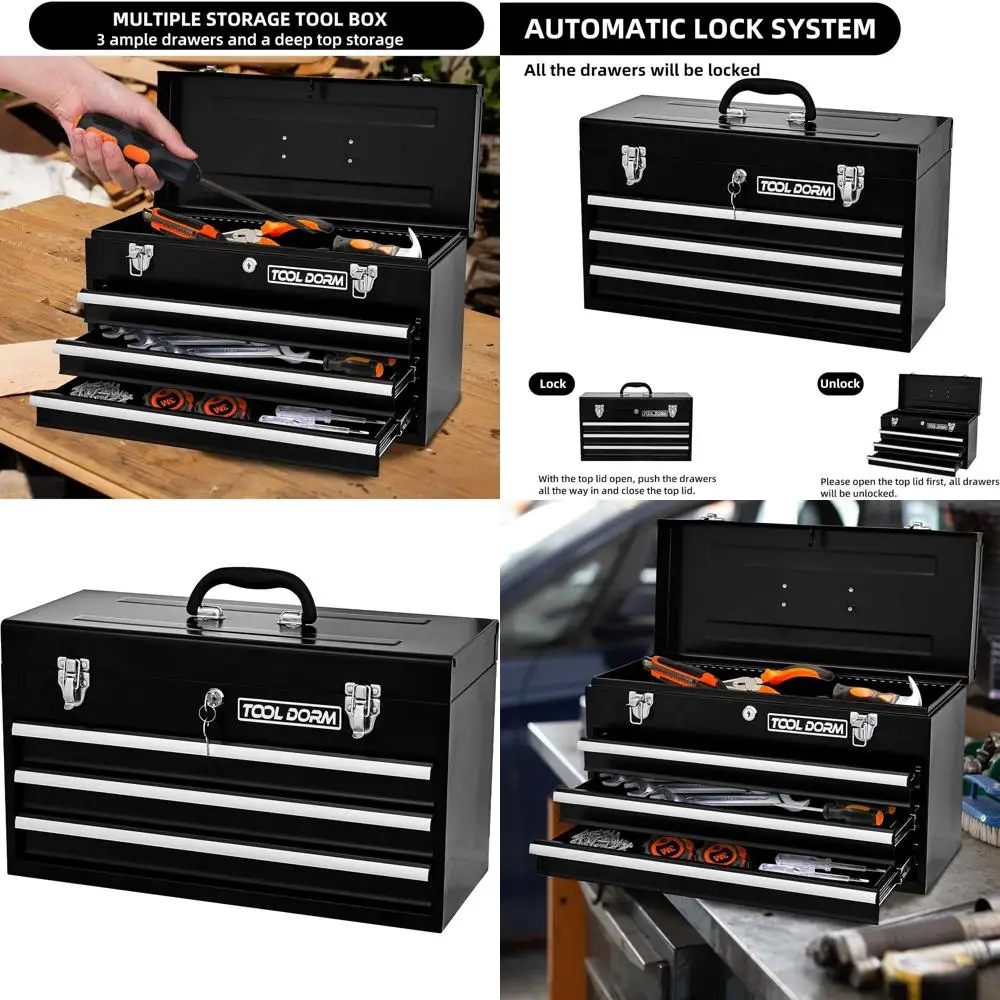 

Portable Steel Tool Chest with Cylinder Lock, Black Powder Coating for Garage, Warehouse, and Outdoor Repair Jobs