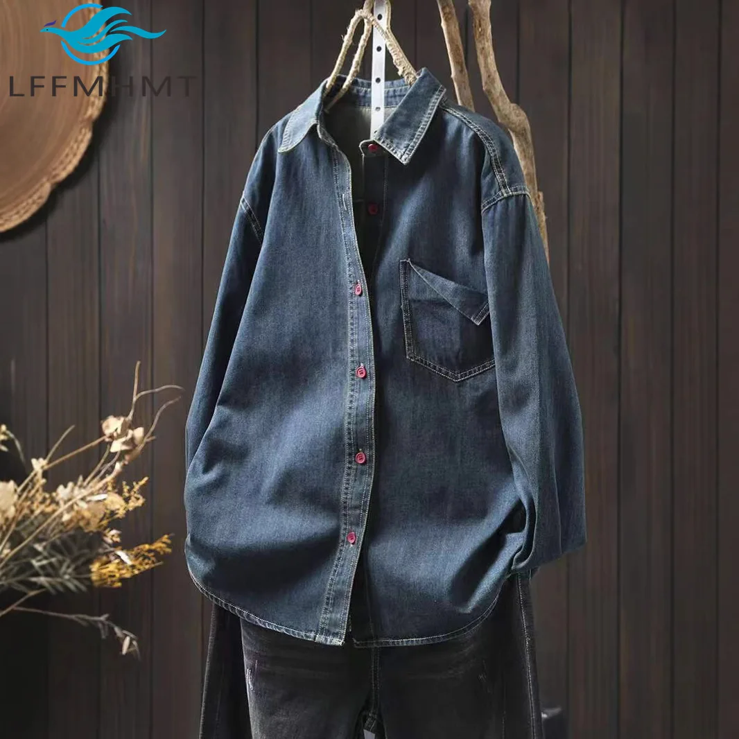 

Винтажная джинсовая хлопковая блузка, весенне-осенняя модная женская свободная повседневная красная рубашка с длинными рукавами на пуговицах, простая базовая рубашка в стиле ретро