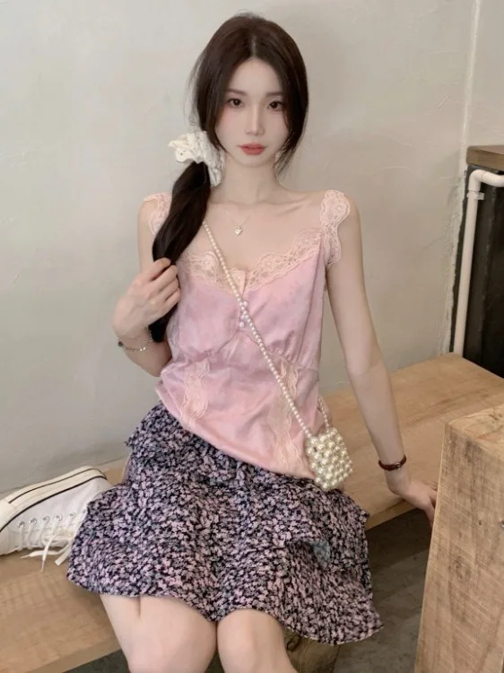 

Summer Faion Set Women's Sweet Pink Lace V-ne Splice High-waist Floral ort Skirt Ele Quali ort Dres
